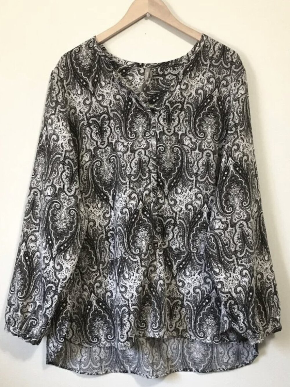 Penningtons Black & White Paisley Damask Tunic Blouse Women 2XL Wallpaper Print